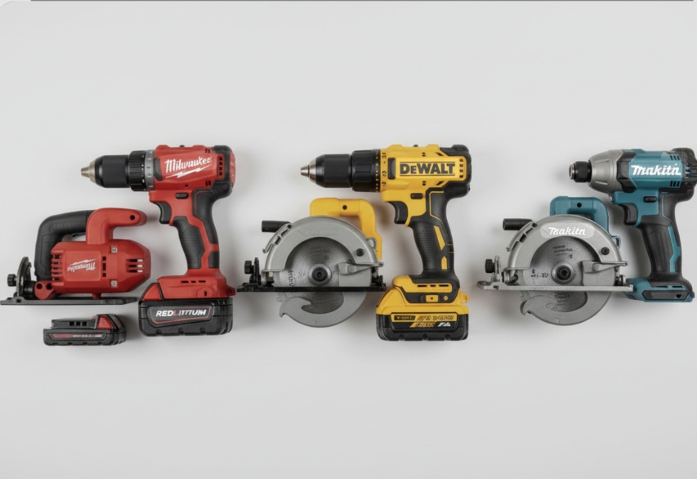 Milwaukee, DeWalt and Makita cordless drills and circular saws